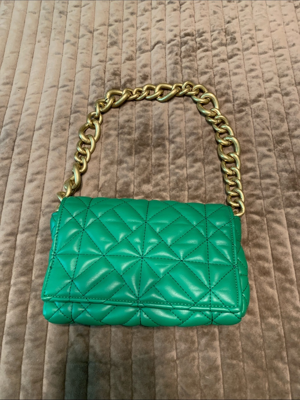 Zara Emerald Green Quilted Shoulder Bag with Gold Chain